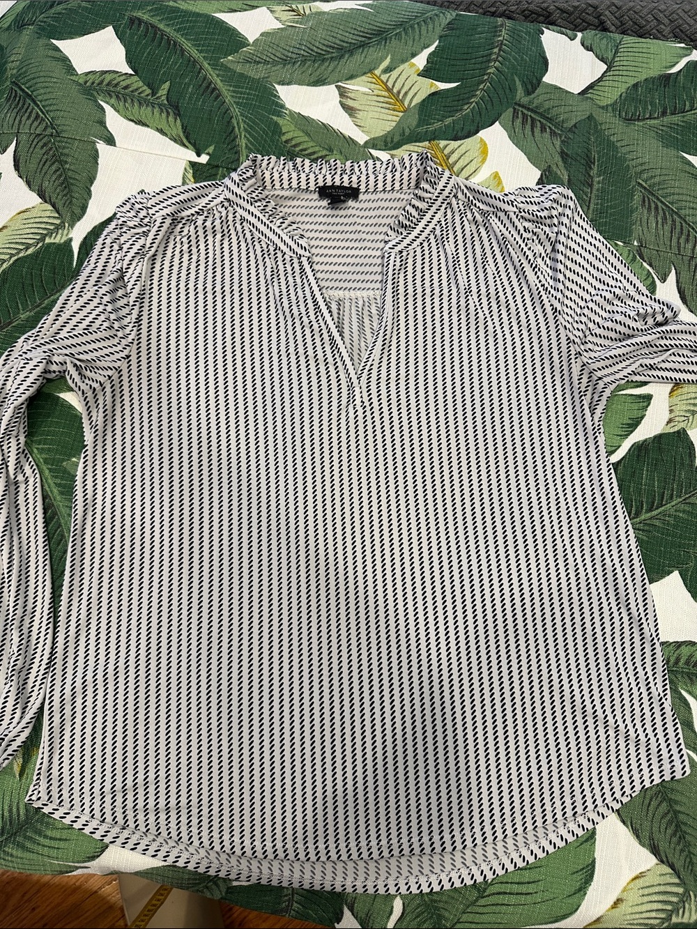 Ann Taylor Black and White Split-Neck Striped Blouse